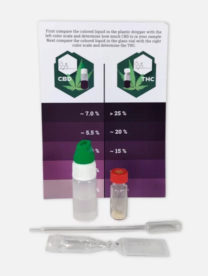 Contents of Cannabis CBD THC Potency test kit showing color chart, 1 bottle with liquid, one vial with crystals, pipette and twist-off plastic ampoule.