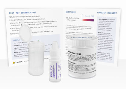 Ehrlich Reagent Test Kit showing bottle, testing vial, instructions, and plastic jar.
