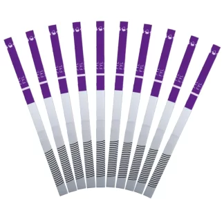 10 Fentanyl Test Strips laid out in a fan pattern.