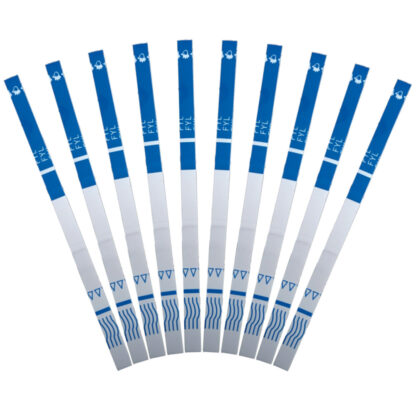 10 Fentanyl Test Strips laid out in a fan pattern.