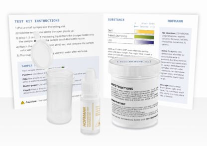 Test kit showing Hofmann reagent bottle, testing vial, instructions, and white jar.