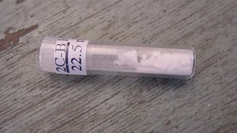 2C-B powder in a transparent vial.