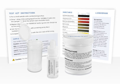 Liebermann test kit with reagent bottle, instructions, testing vial and jar.