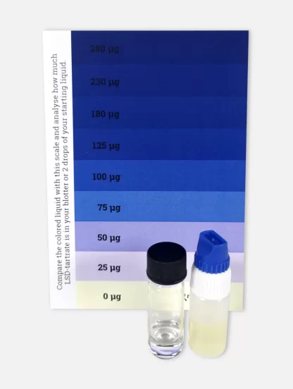 LSD Potency Test Kit contents with color chart, glass vial with development solution, and plastic vial with extraction solution.