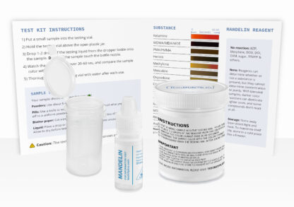 Mandelin Reagent Test Kit showing a reagent bottle, testing vial, instructions, and plastic jar.